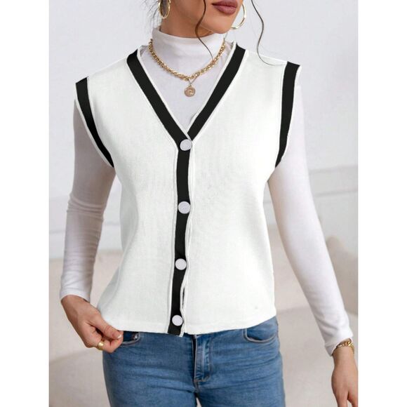 🧥 Merokeety Black & White Fuzzy Button-Up Vest – Size M – NWT - Picture 1 of 11